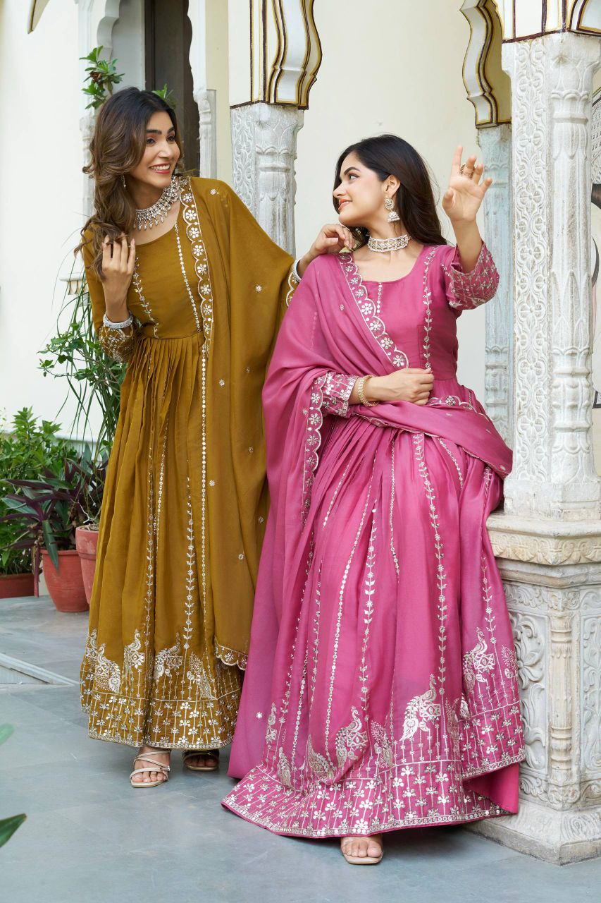 Star Georgette Party Wear Gown with Heavy 7mm Sequence Embroidery & Dupatta