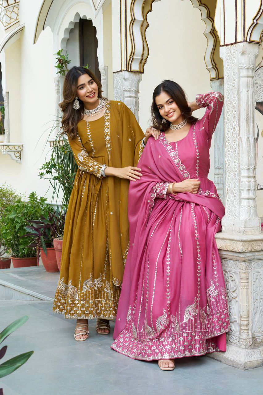 Star Georgette Party Wear Gown with Heavy 7mm Sequence Embroidery & Dupatta