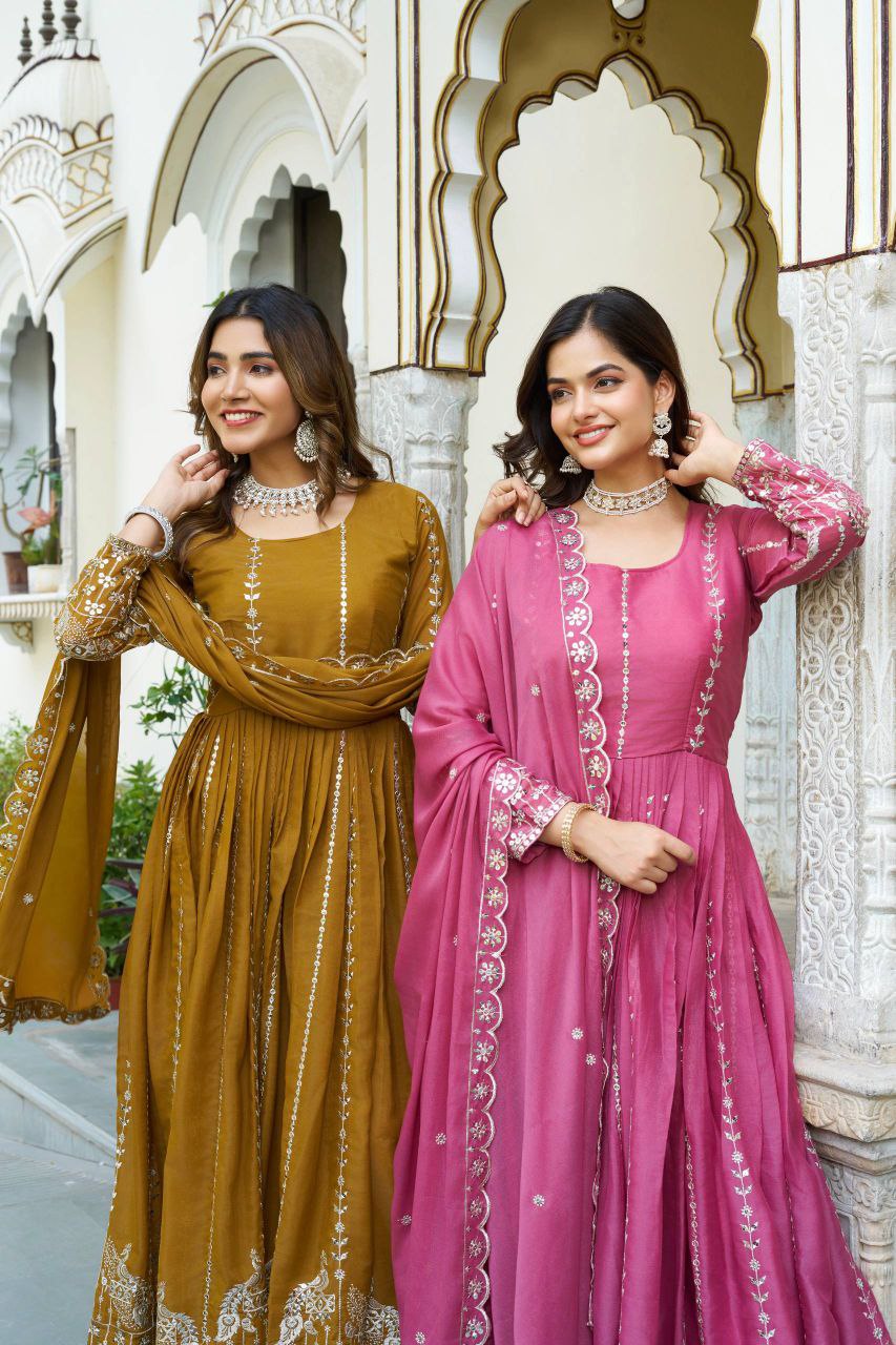 Star Georgette Party Wear Gown with Heavy 7mm Sequence Embroidery & Dupatta