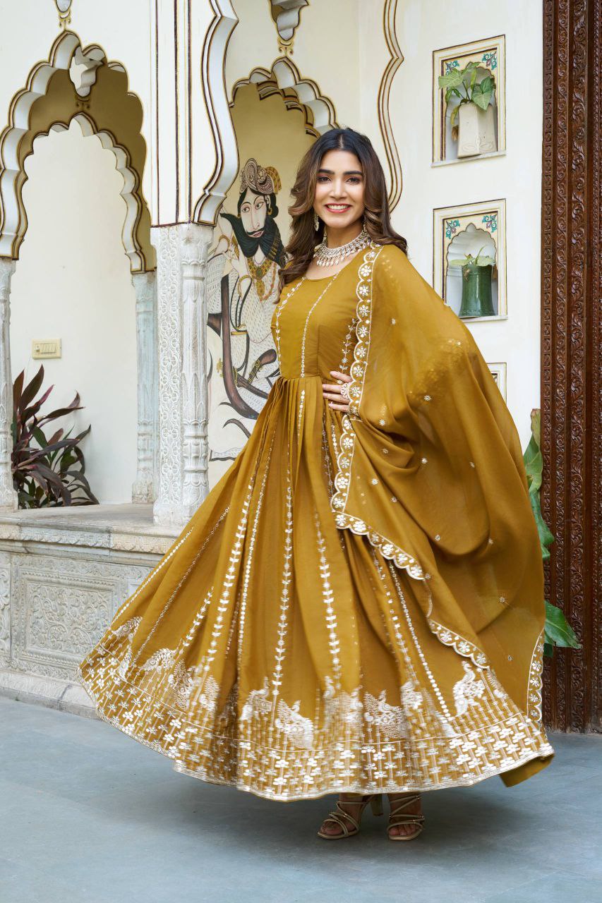 Star Georgette Party Wear Gown with Heavy 7mm Sequence Embroidery & Dupatta