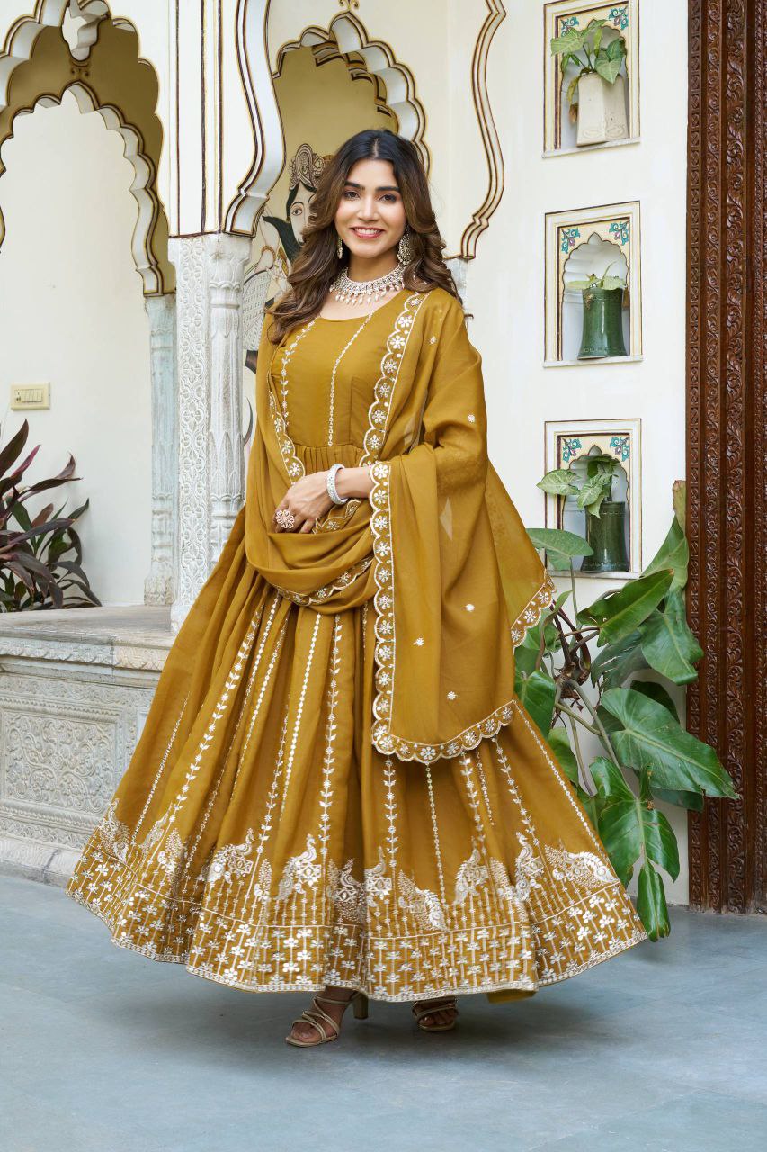 Star Georgette Party Wear Gown with Heavy 7mm Sequence Embroidery & Dupatta