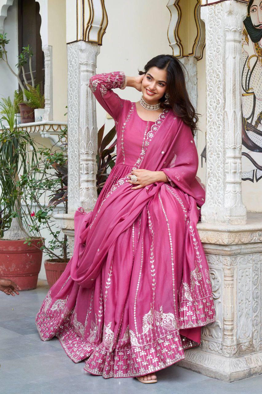Star Georgette Party Wear Gown with Heavy 7mm Sequence Embroidery & Dupatta