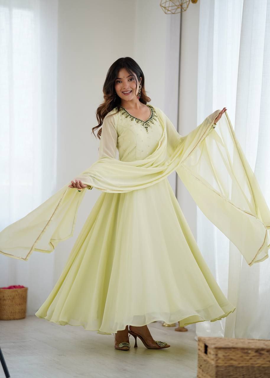 Premium Fox Georgette Party Wear Gown with Dupatta & Pant