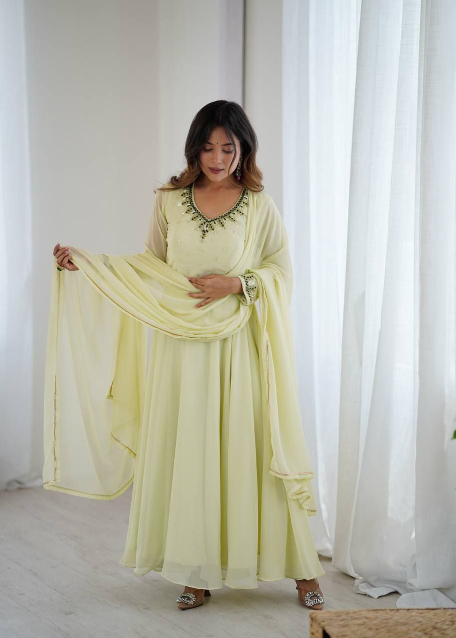 Premium Fox Georgette Party Wear Gown with Dupatta & Pant