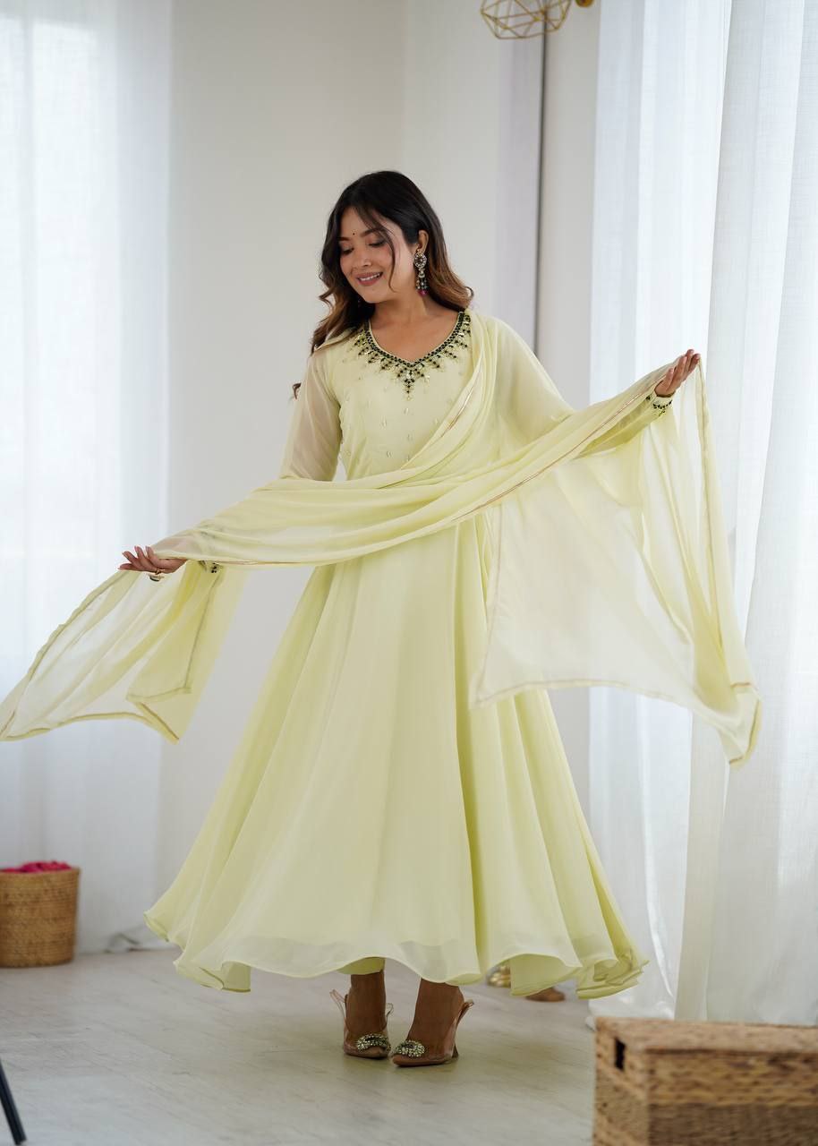 Premium Fox Georgette Party Wear Gown with Dupatta & Pant
