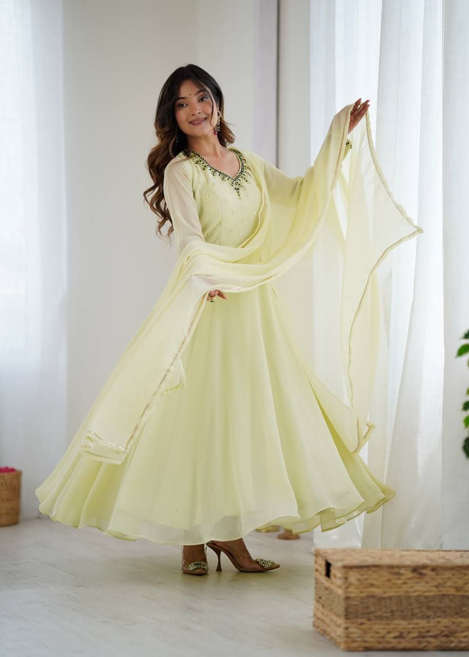 Premium Fox Georgette Party Wear Gown with Dupatta & Pant