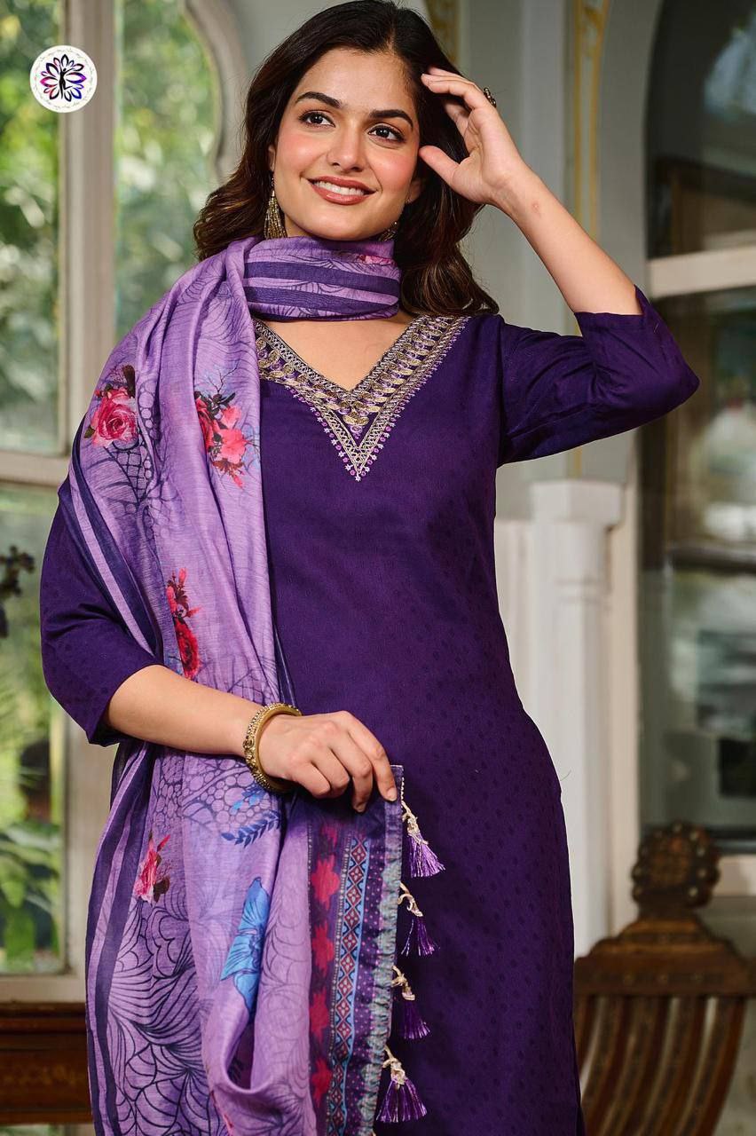 Viscose Rayon Embroidered Suit Set with Chanderi Dupatta