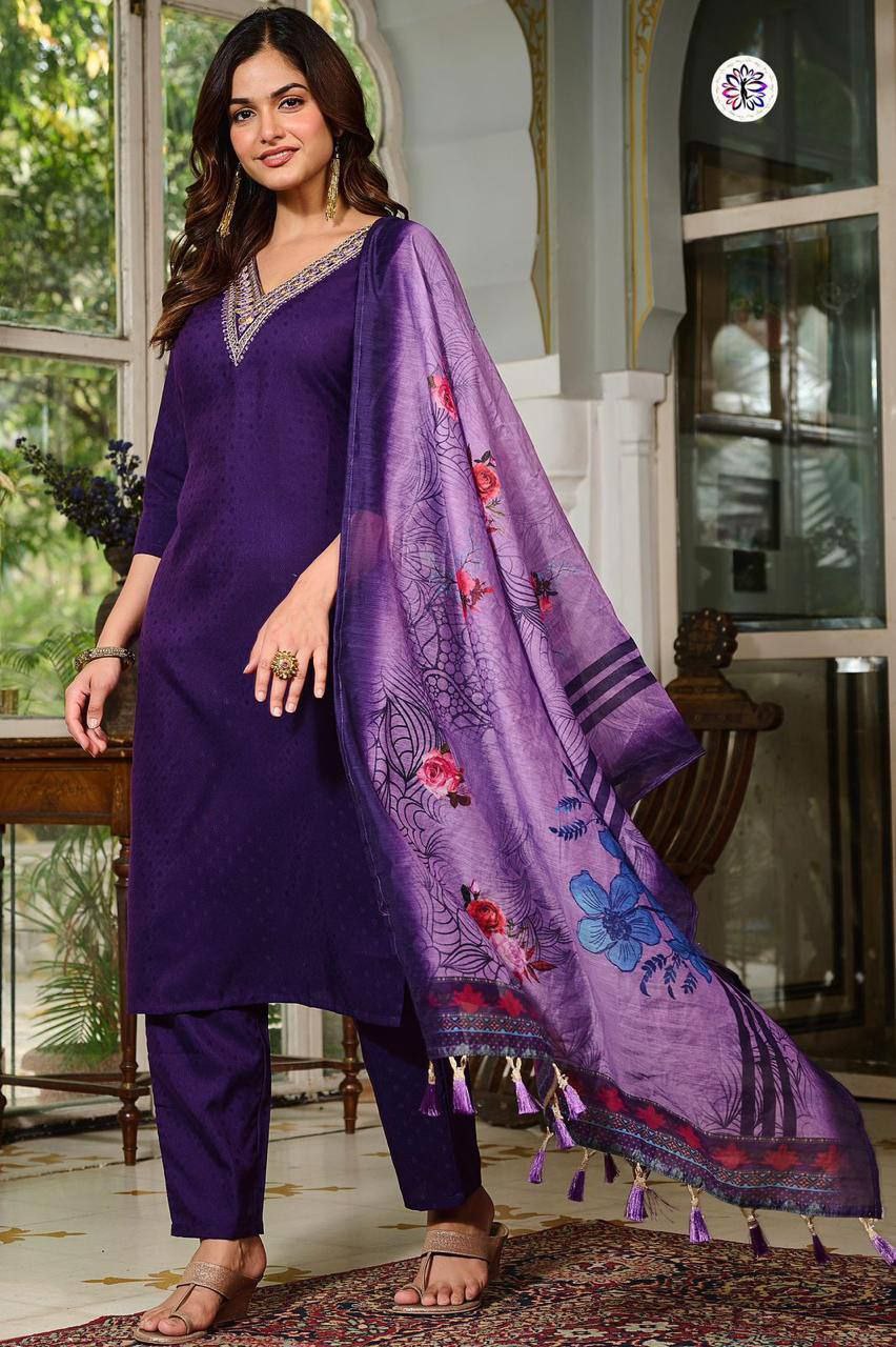 Viscose Rayon Embroidered Suit Set with Chanderi Dupatta