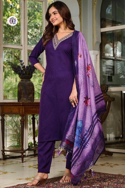 Viscose Rayon Embroidered Suit Set with Chanderi Dupatta