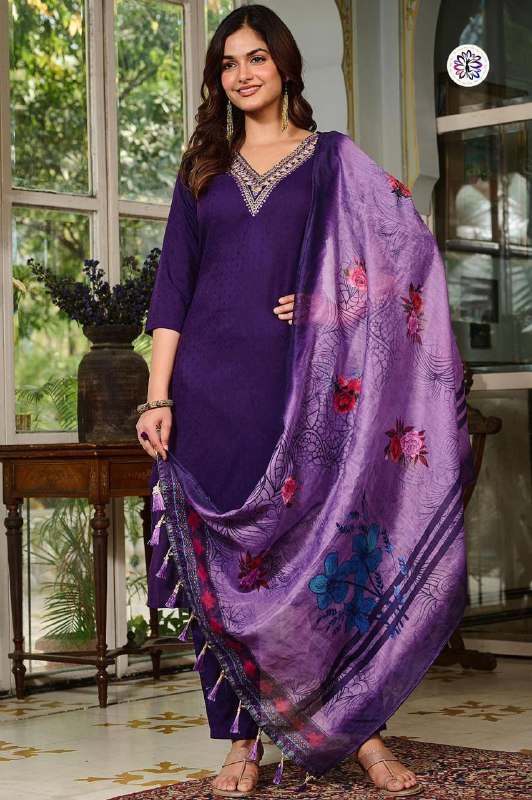 Viscose Rayon Embroidered Suit Set with Chanderi Dupatta