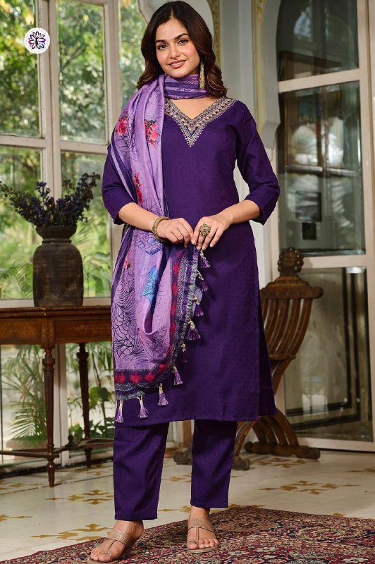 Viscose Rayon Embroidered Suit Set with Chanderi Dupatta