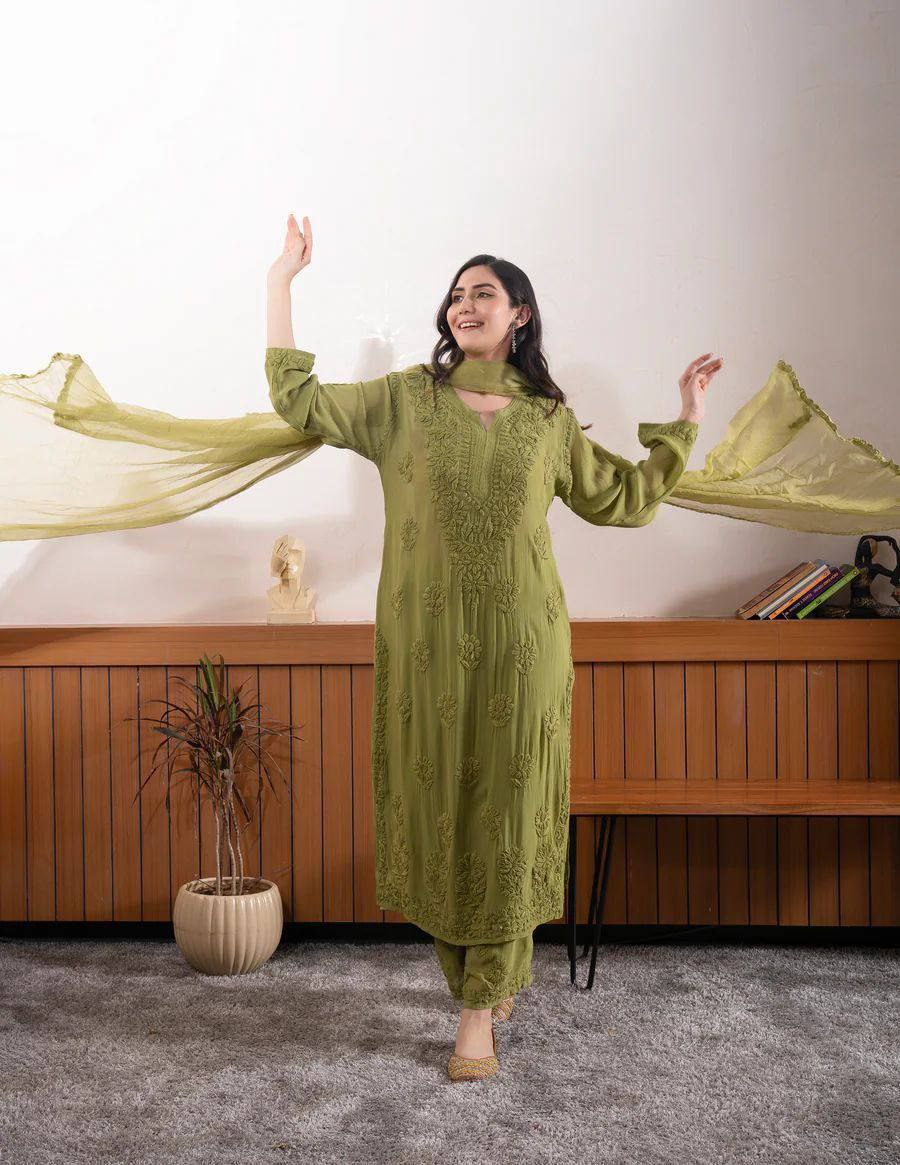 Designer Georgette Embroidery Suit with Plazzo and Dupatta