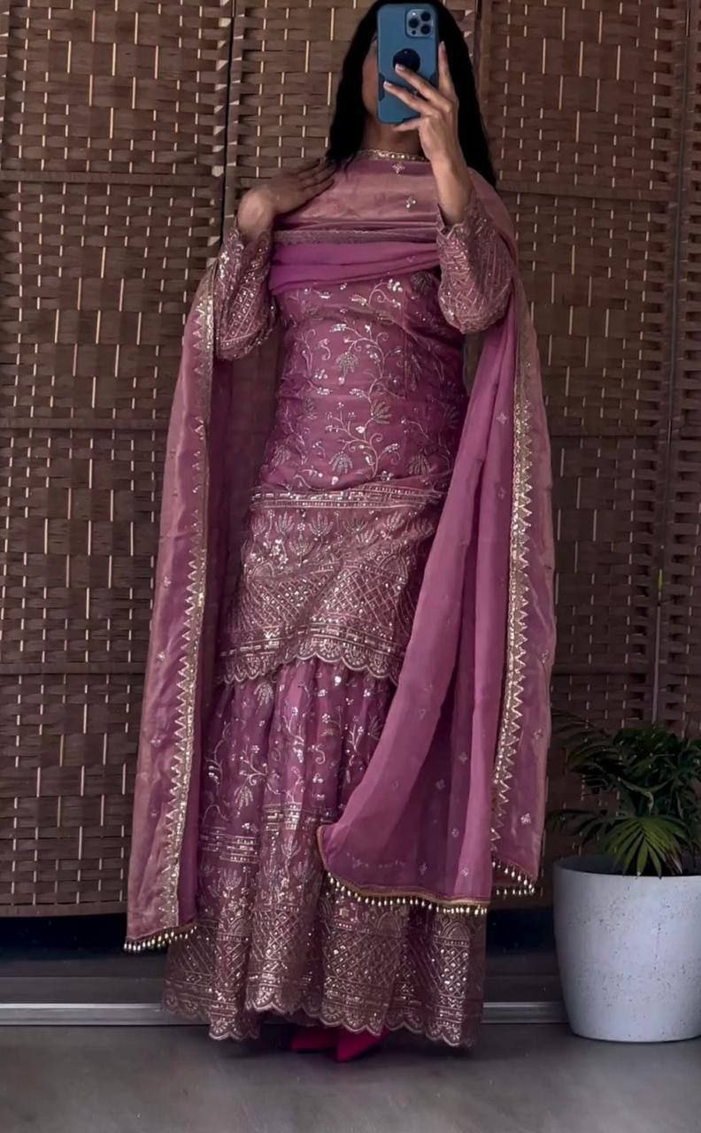 Designer Fandy Crushi Silk Sharara Suit with Sequins & Dupatta