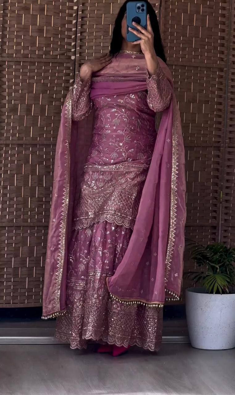 Designer Fandy Crushi Silk Sharara Suit with Sequins & Dupatta