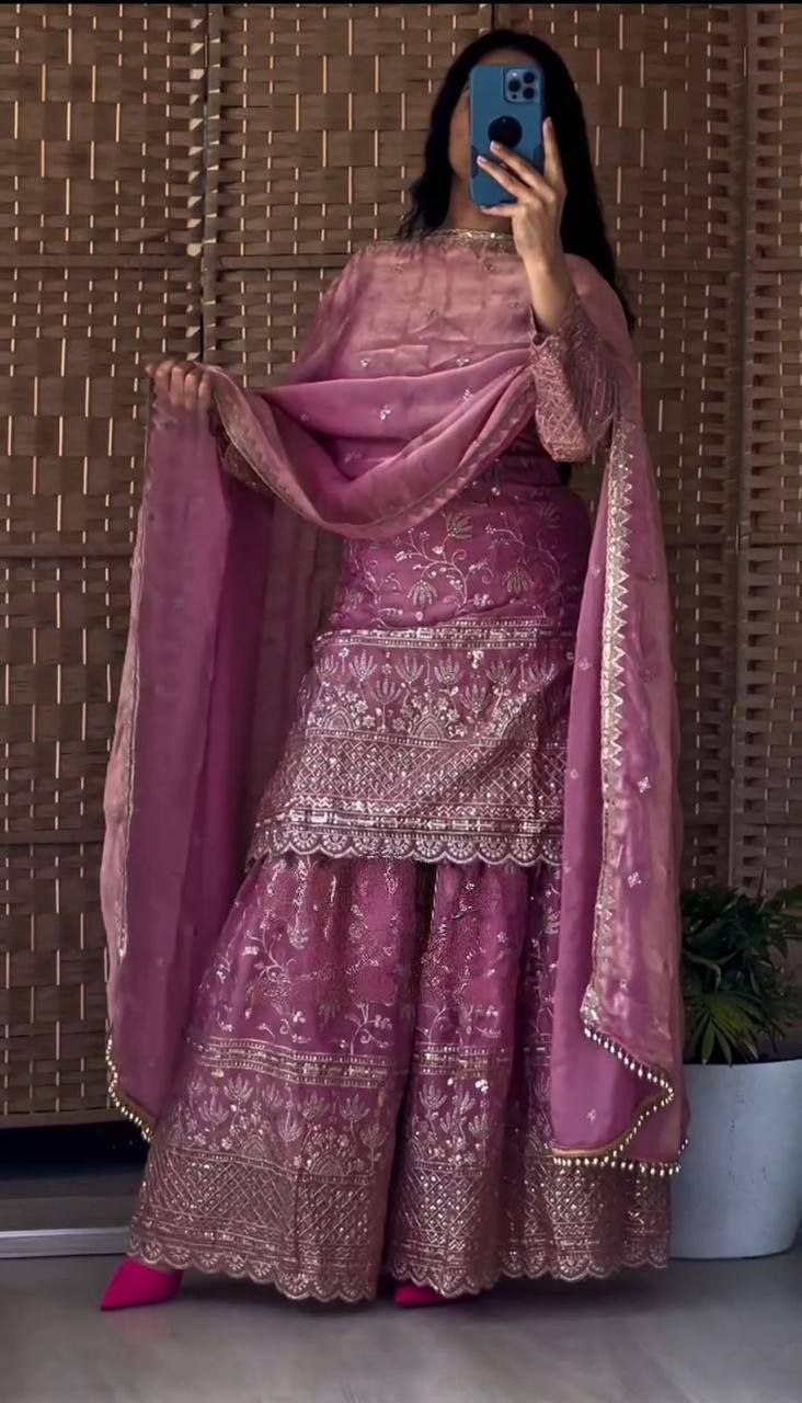 Designer Fandy Crushi Silk Sharara Suit with Sequins & Dupatta