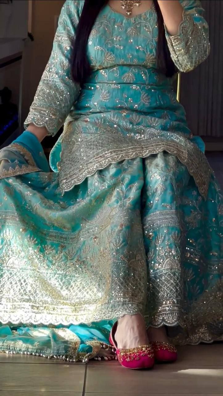 Designer Fandy Crushi Silk Sharara Suit with Sequins & Dupatta