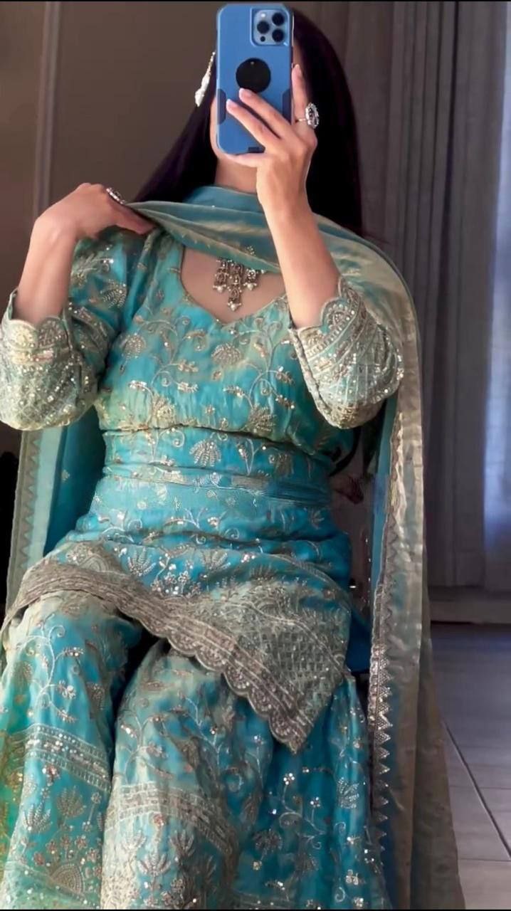 Designer Fandy Crushi Silk Sharara Suit with Sequins & Dupatta