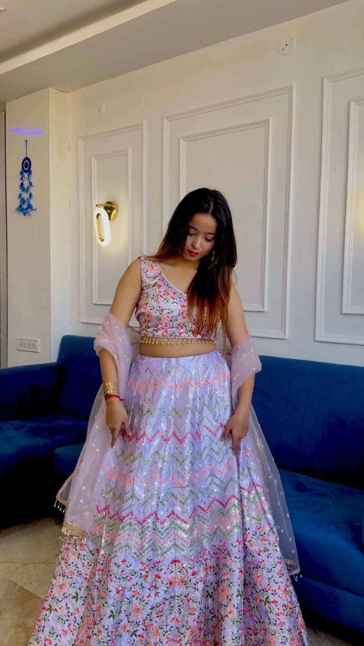 Heavy Satin Silk Lehenga Choli with Net Dupatta – Sequins Work