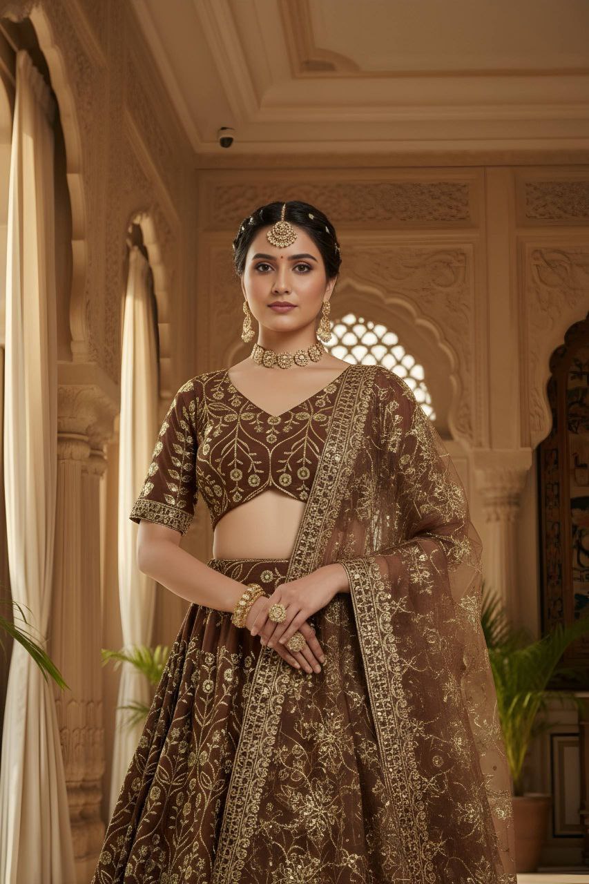 Faux Georgette Lehenga Choli with Net Dupatta – Sequins Zari Work