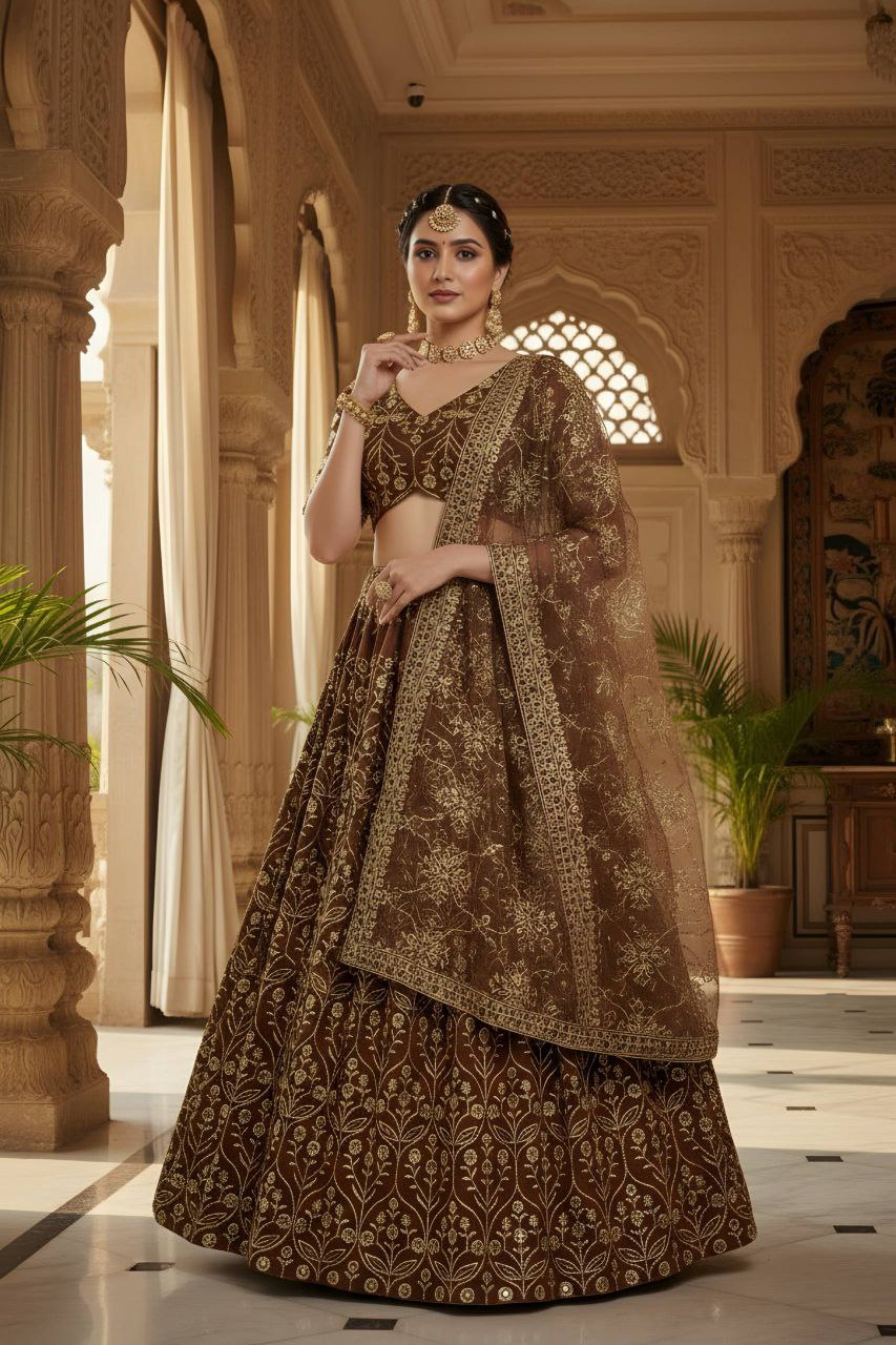 Faux Georgette Lehenga Choli with Net Dupatta – Sequins Zari Work