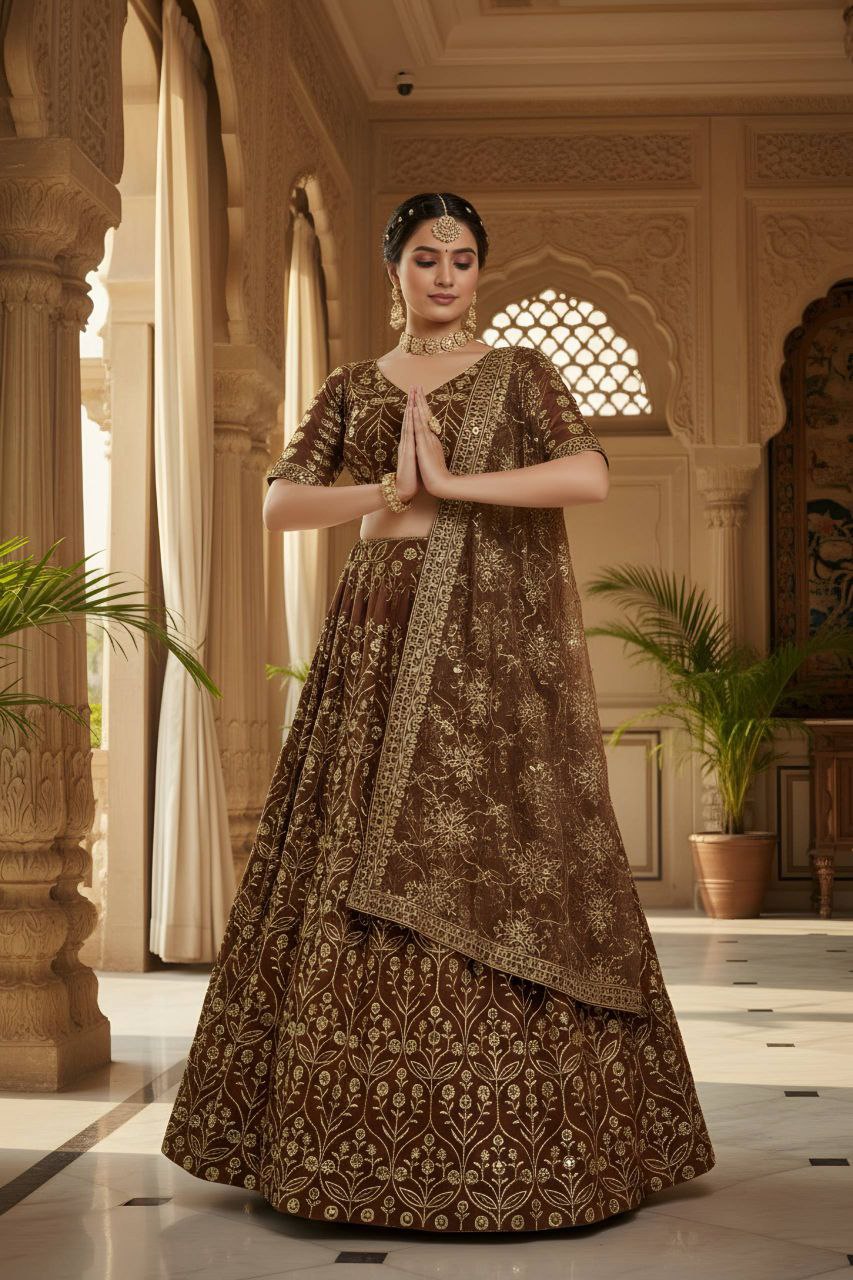 Faux Georgette Lehenga Choli with Net Dupatta – Sequins Zari Work
