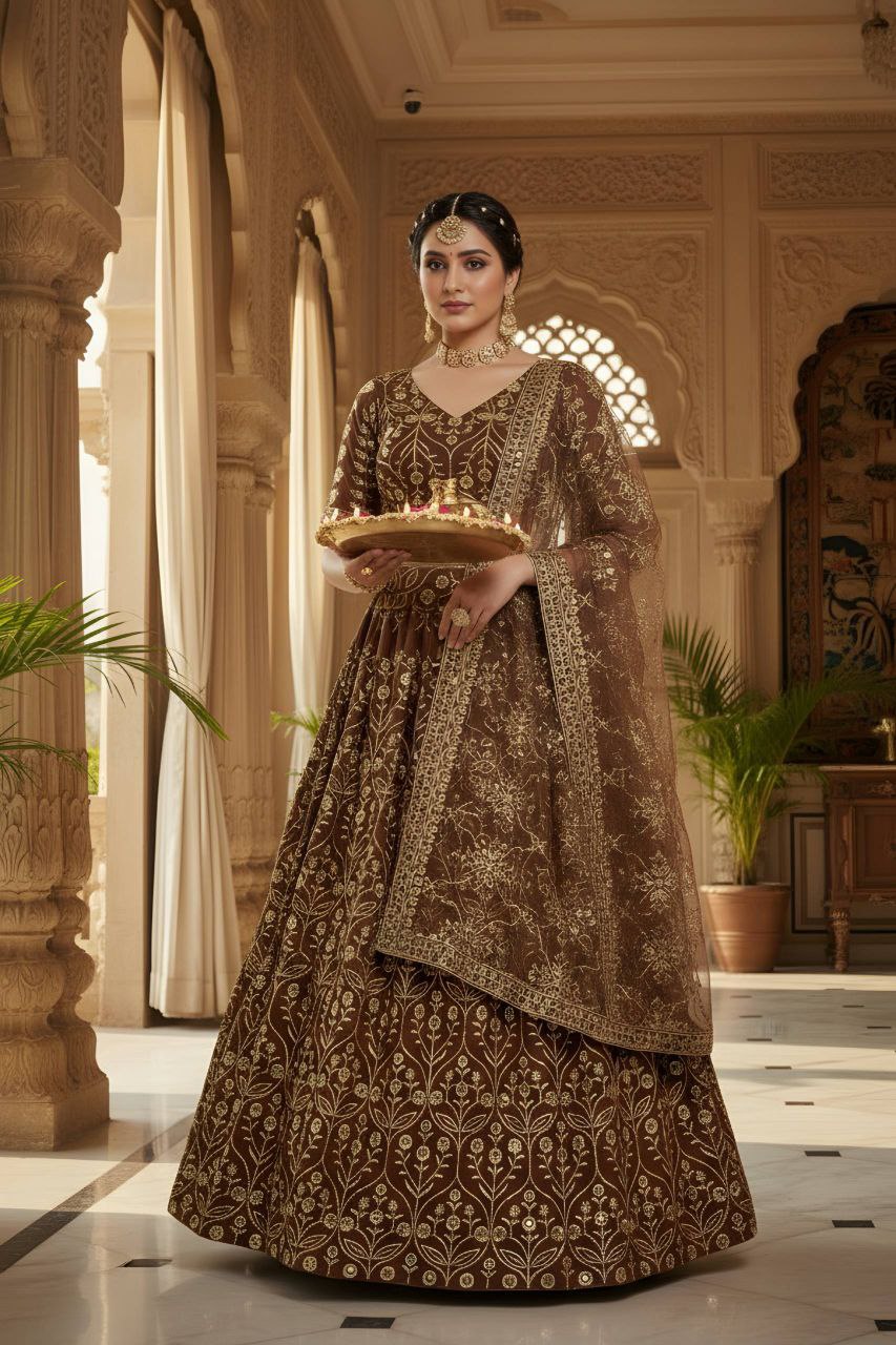 Faux Georgette Lehenga Choli with Net Dupatta – Sequins Zari Work