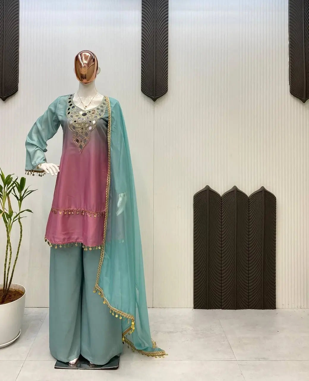 Printed Crape Silk Kurta Plazo Set with Organza Dupatta – Mirror Embroidery, Festive & Party Wear