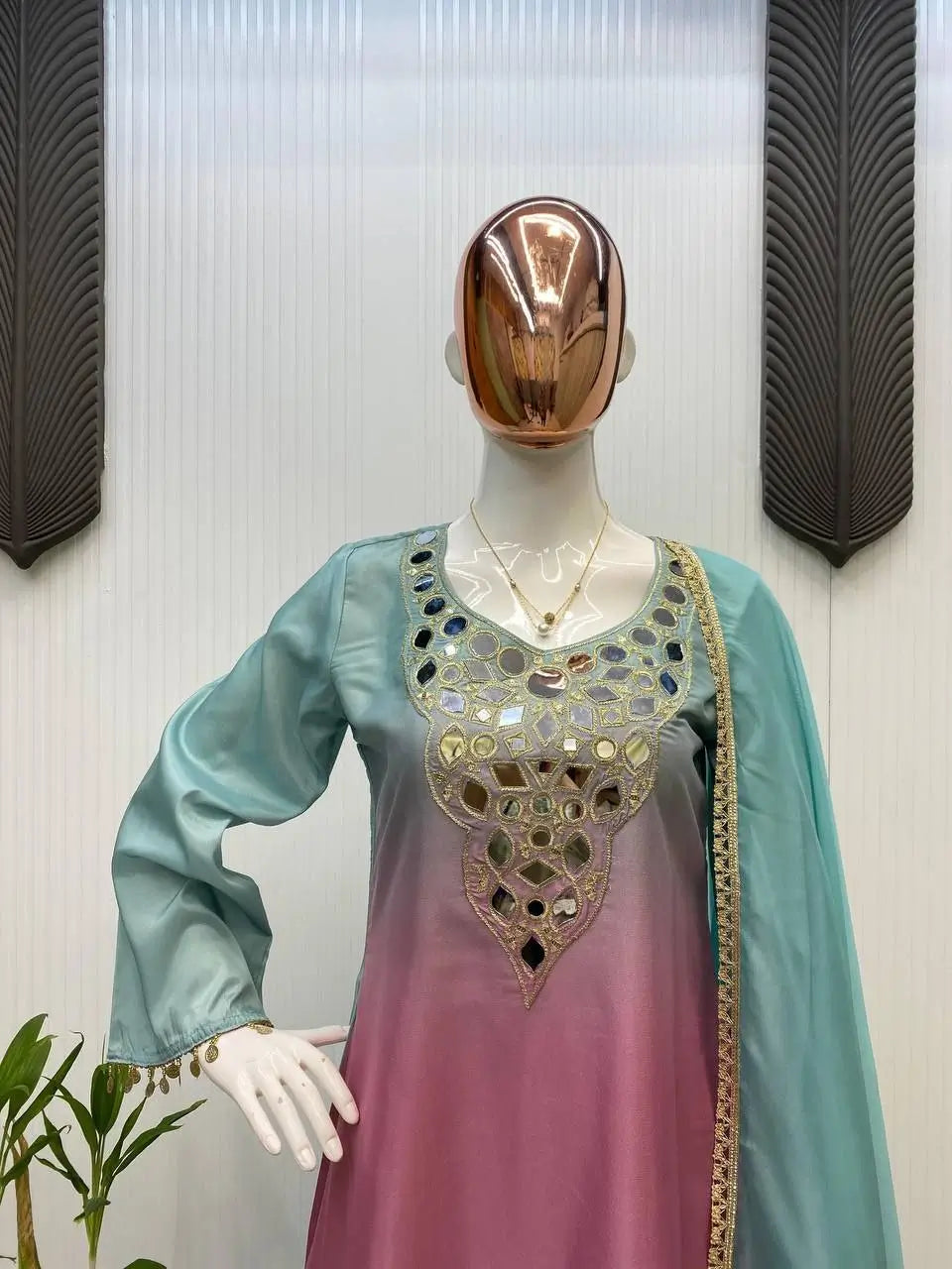 Printed Crape Silk Kurta Plazo Set with Organza Dupatta – Mirror Embroidery, Festive & Party Wear