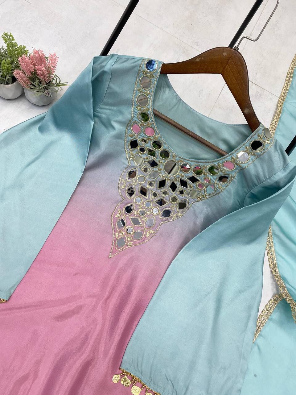 Printed Crape Silk Kurta Plazo Set with Organza Dupatta – Mirror Embroidery, Festive & Party Wear