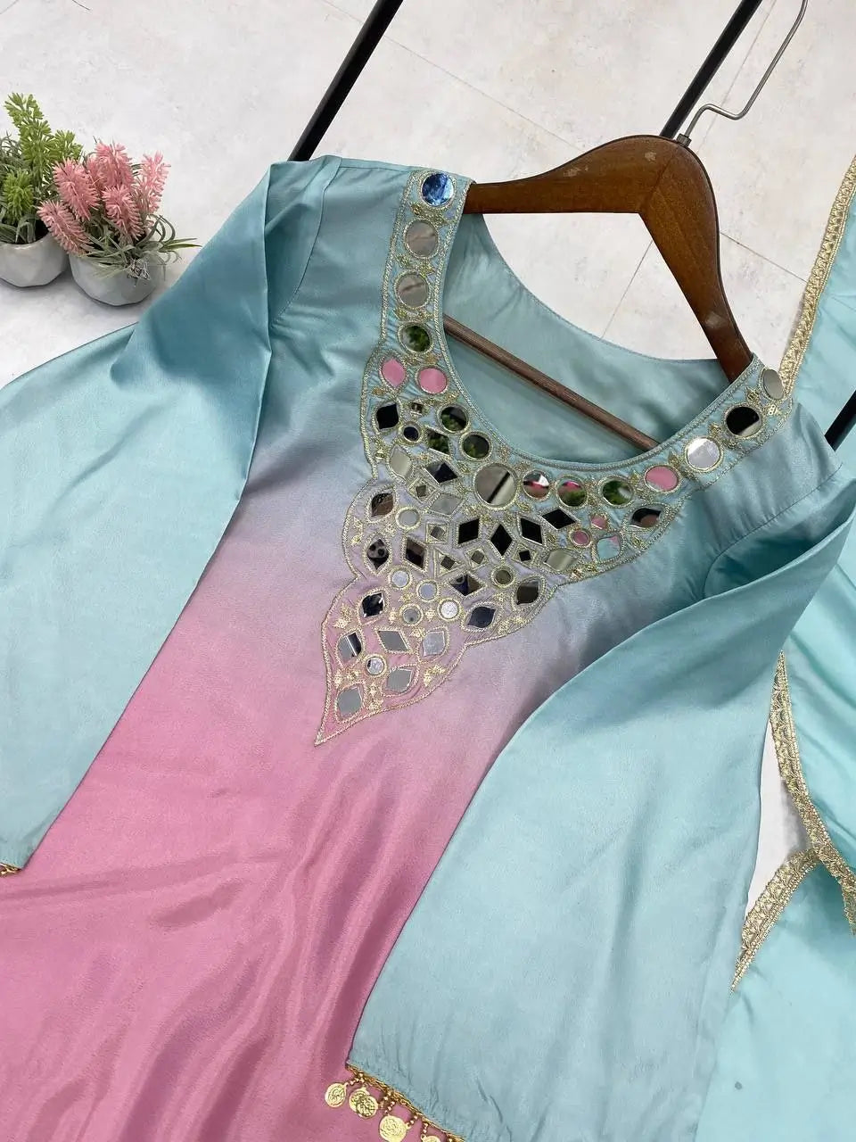 Printed Crape Silk Kurta Plazo Set with Organza Dupatta – Mirror Embroidery, Festive & Party Wear