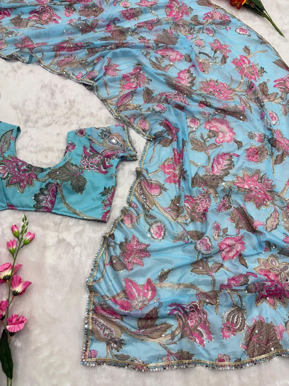 Premium Tabby Silk Mirror Work Saree