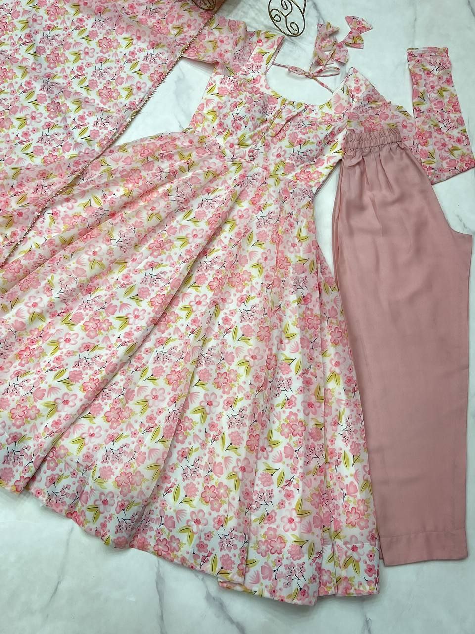 Elegant Floral Baby Pink Anarkali Set with Dupatta