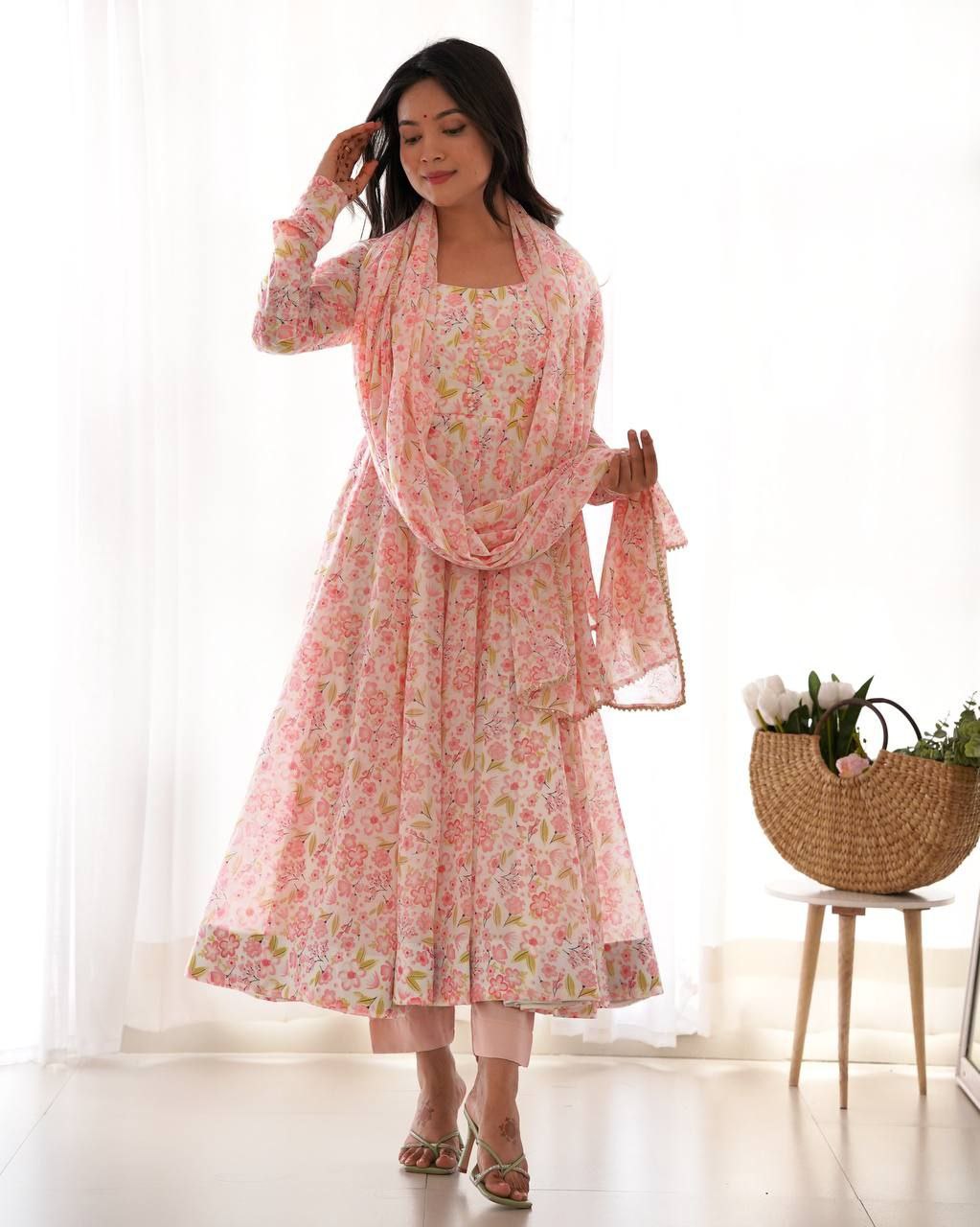 Elegant Floral Baby Pink Anarkali Set with Dupatta