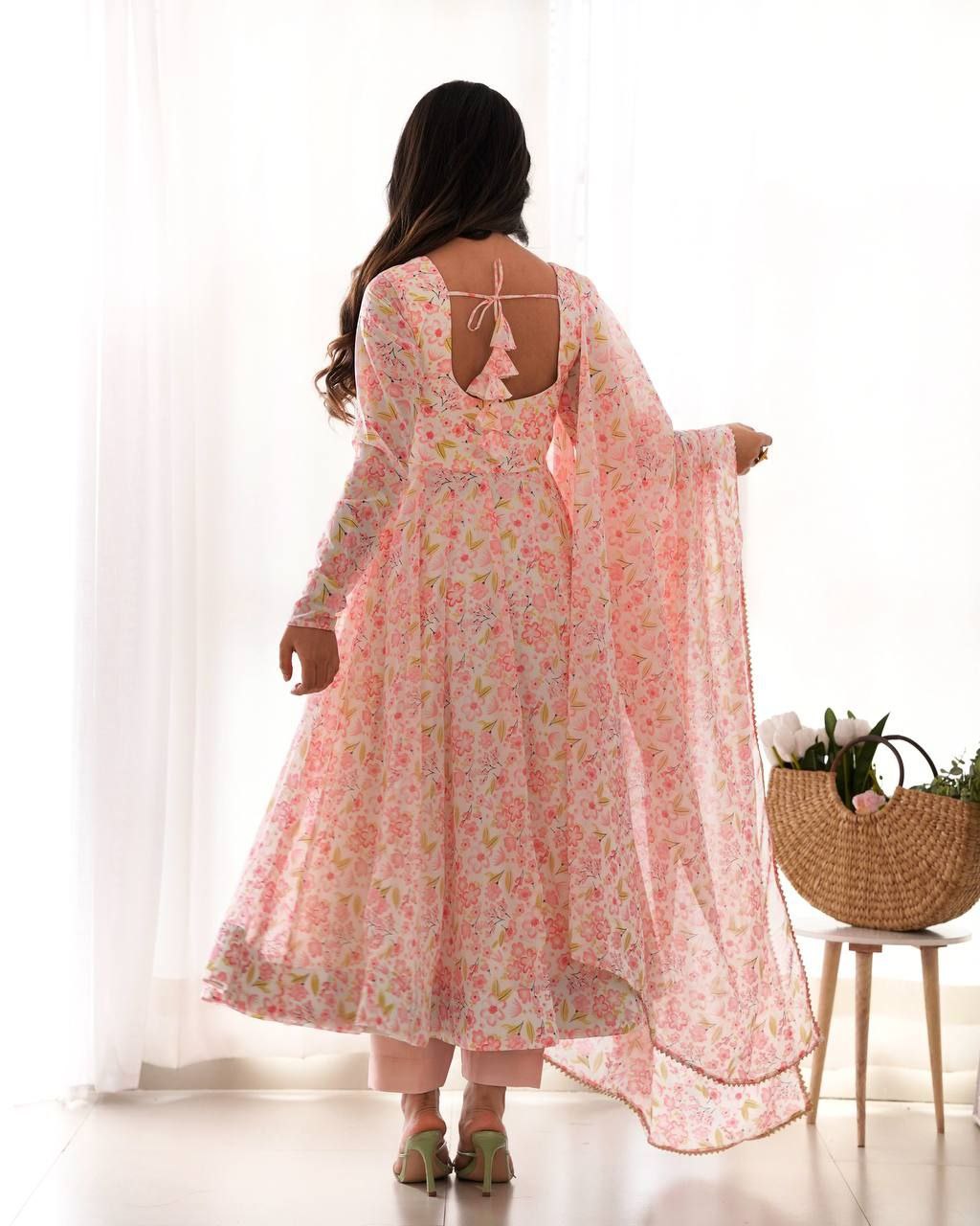 Elegant Floral Baby Pink Anarkali Set with Dupatta