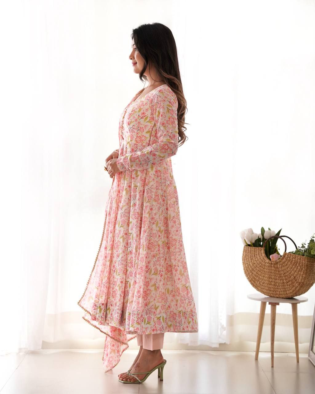 Elegant Floral Baby Pink Anarkali Set with Dupatta