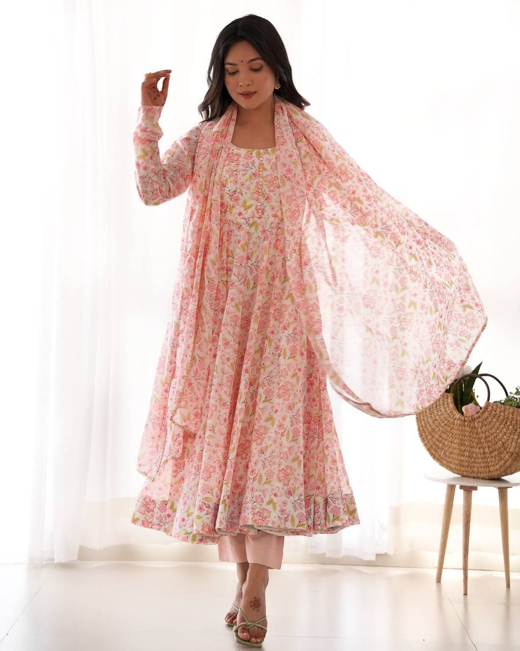 Elegant Floral Baby Pink Anarkali Set with Dupatta