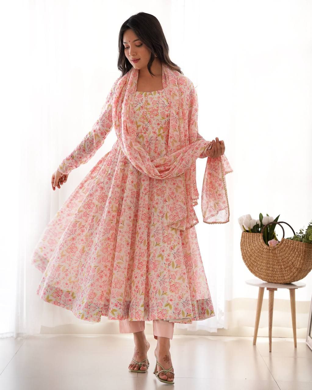 Elegant Floral Baby Pink Anarkali Set with Dupatta