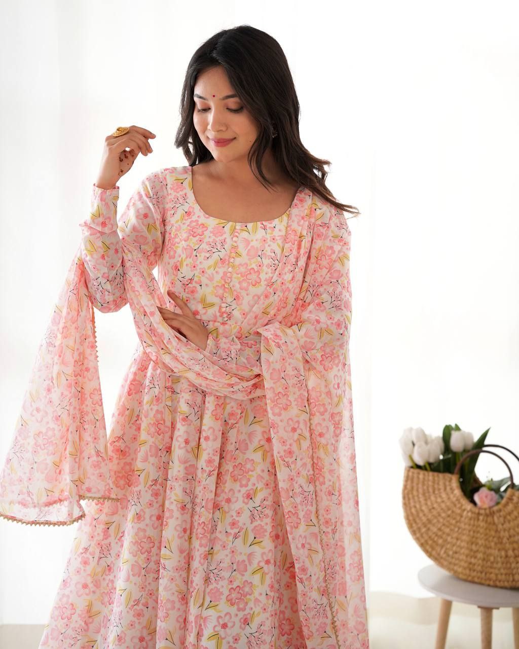 Elegant Floral Baby Pink Anarkali Set with Dupatta