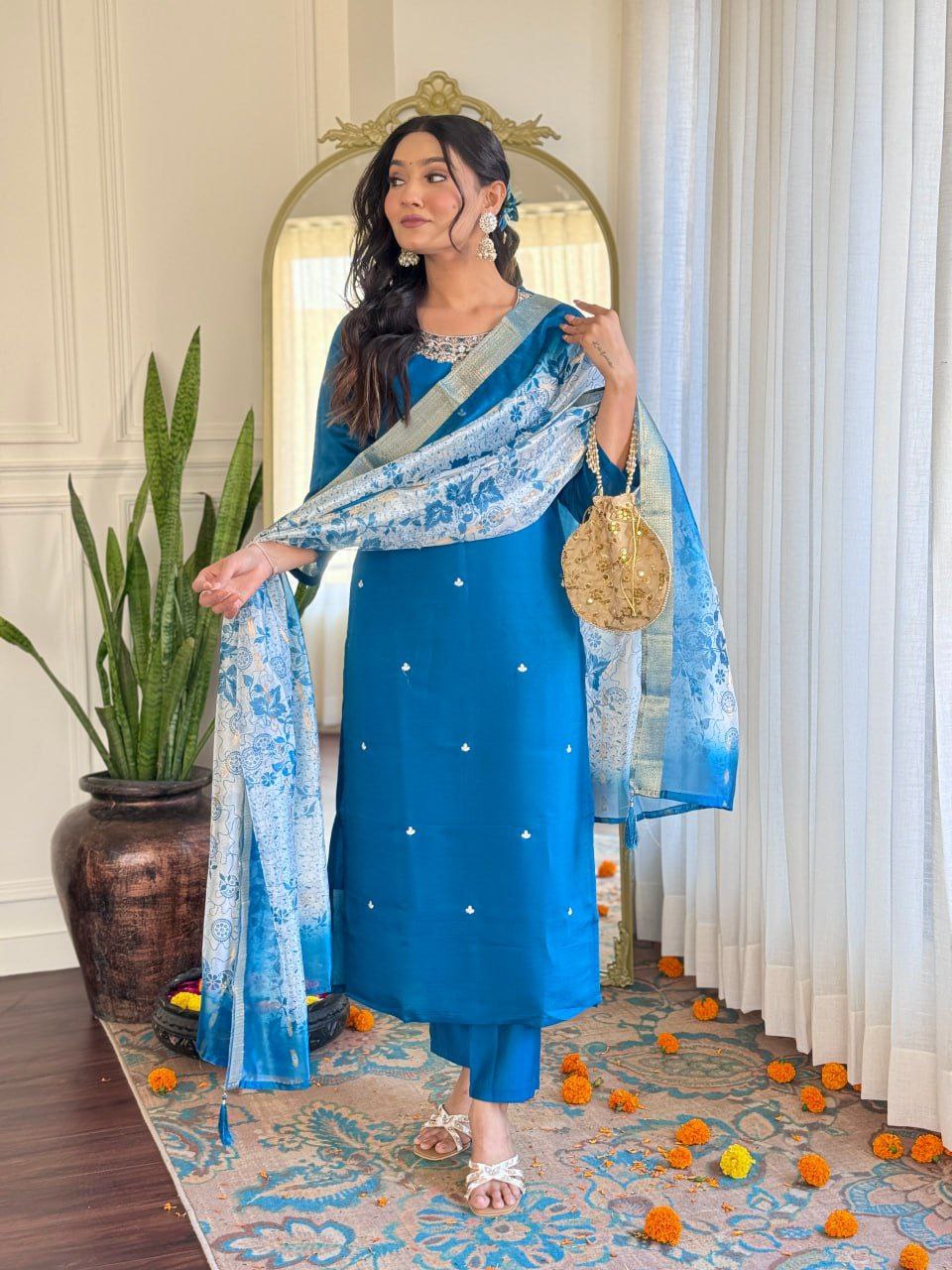 Elegant Roman Silk Embroidered Suit Set with Organza Jacquard Dupatta