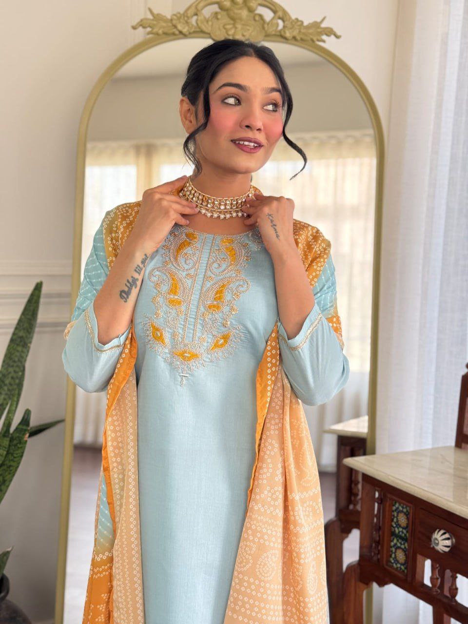 Graceful Chanderi Silk Embroidered Set with French Crepe Dupatta