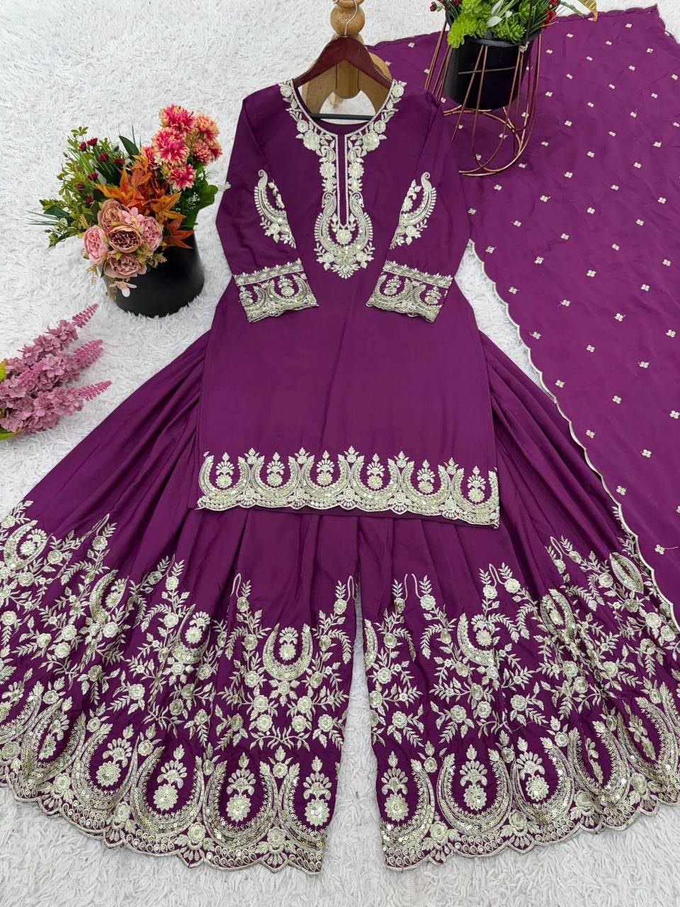 Designer Heavy Embroidered Top-Sharara Set with Dupatta