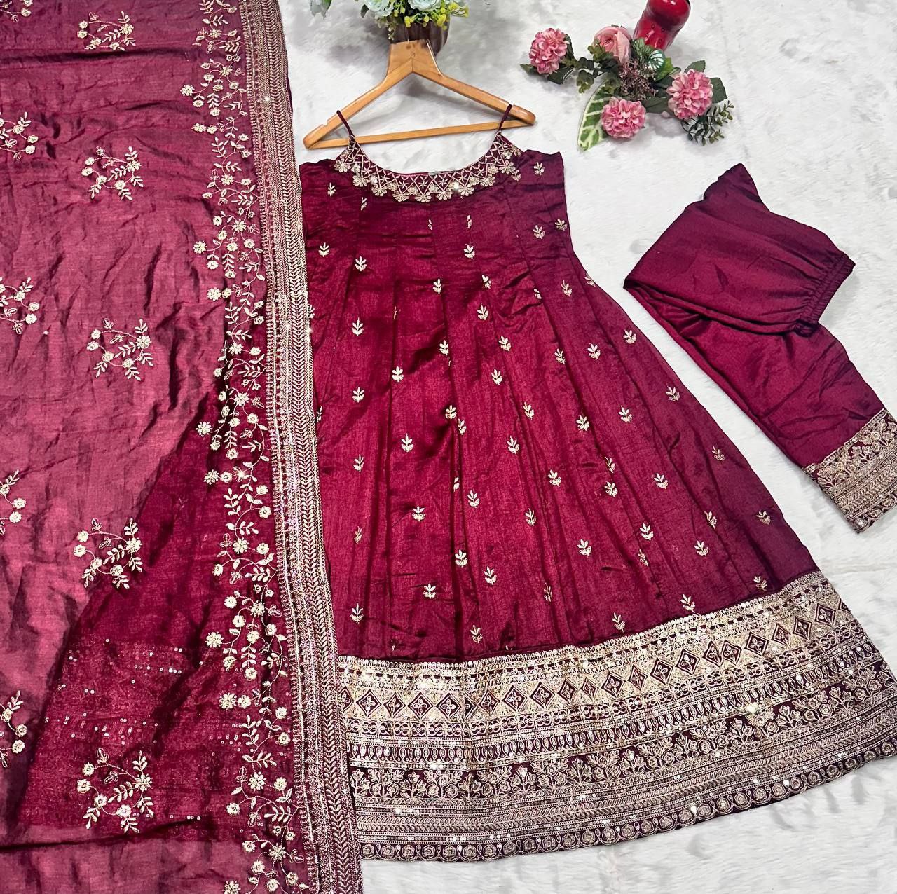 Regal Vichitra Silk Gown Set with Zari-Coding & Dupatta