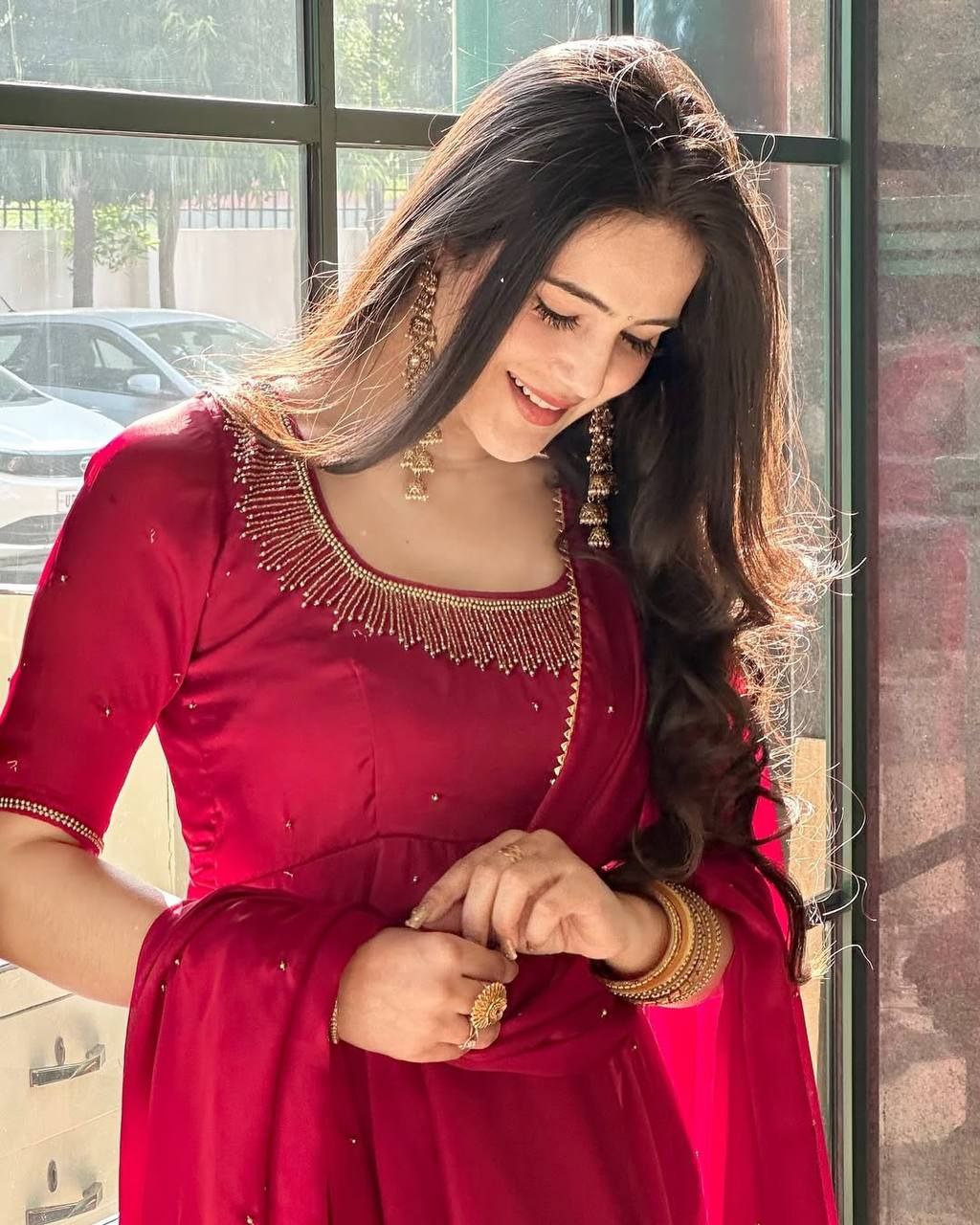 Royal Fendy Silk Gown Set with Val Moti Work & 7 Meter Flair