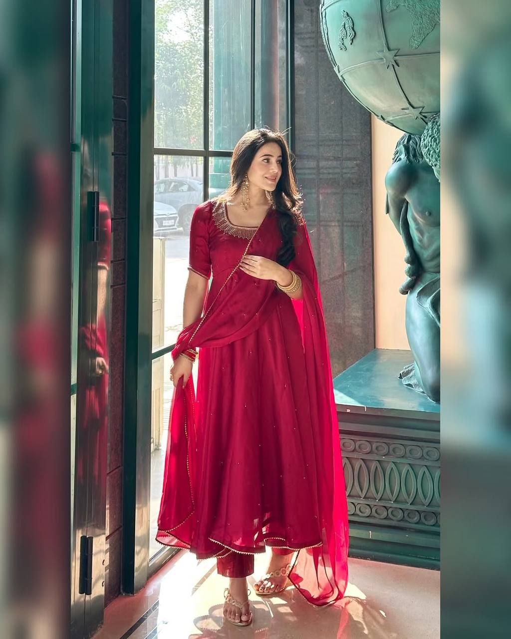 Royal Fendy Silk Gown Set with Val Moti Work & 7 Meter Flair