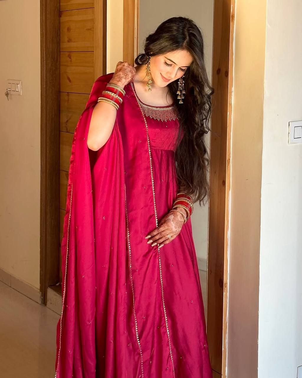 Royal Fendy Silk Gown Set with Val Moti Work & 7 Meter Flair