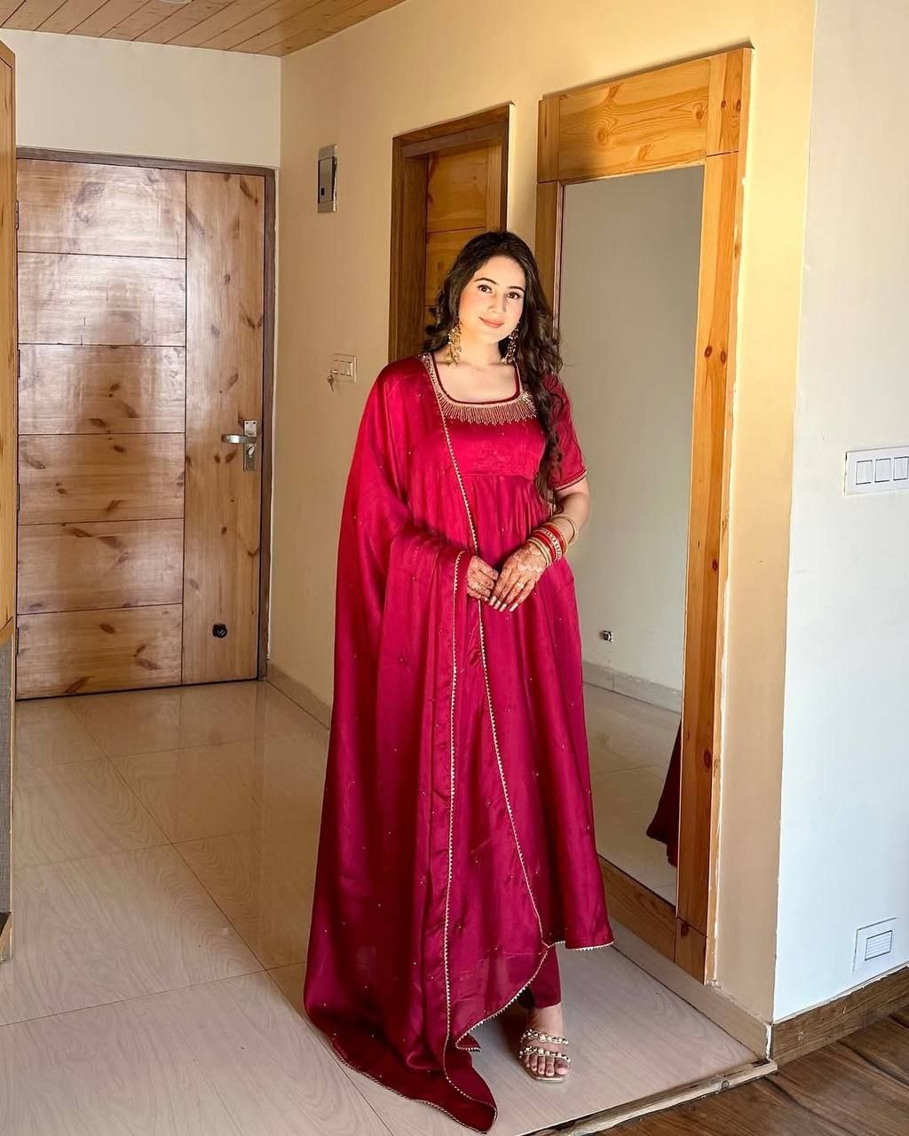 Royal Fendy Silk Gown Set with Val Moti Work & 7 Meter Flair