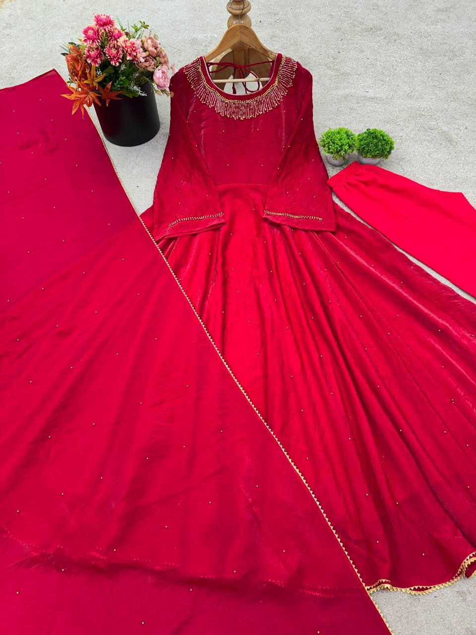 Royal Fendy Silk Gown Set with Val Moti Work & 7 Meter Flair