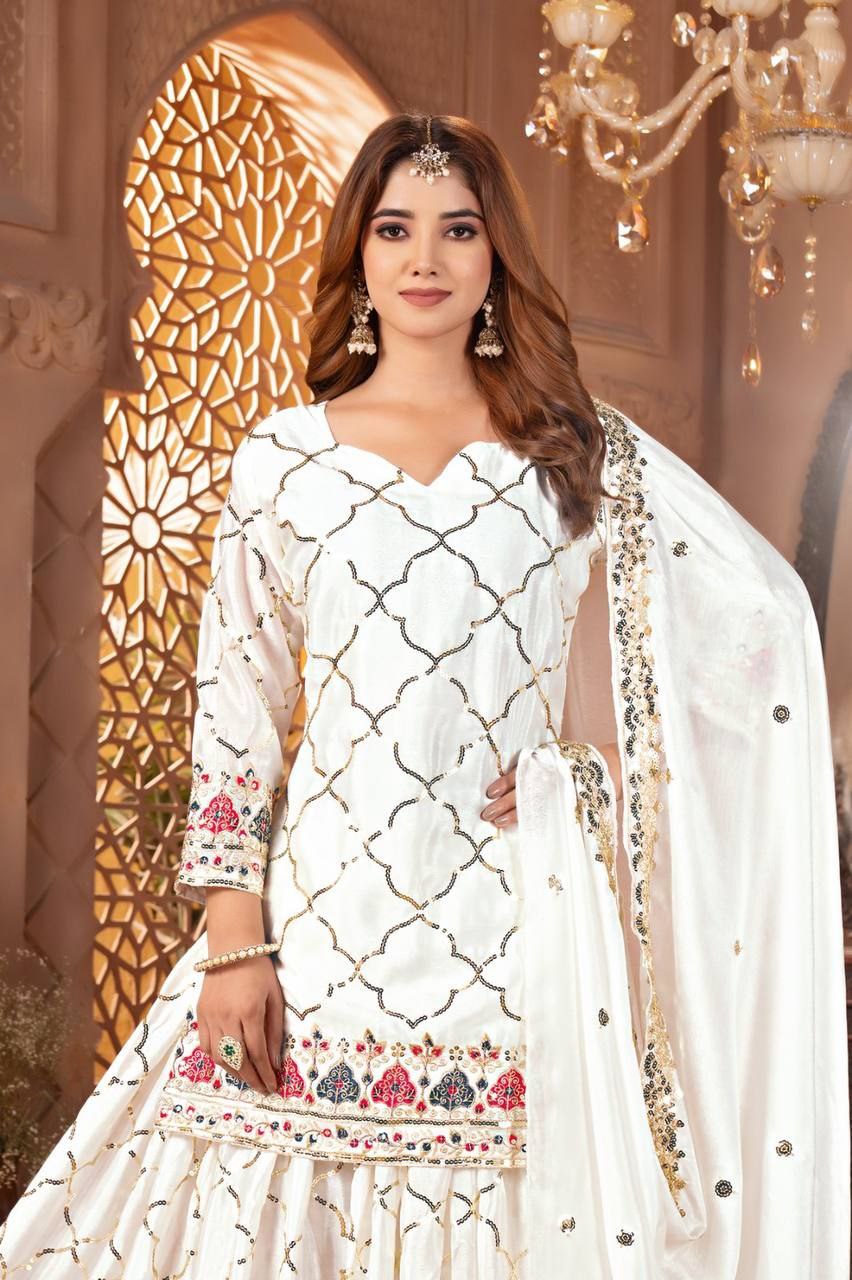 Chinon Silk Embroidered Sharara Palazzo Set with Dupatta