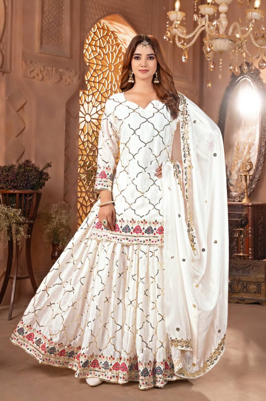 Chinon Silk Embroidered Sharara Palazzo Set with Dupatta