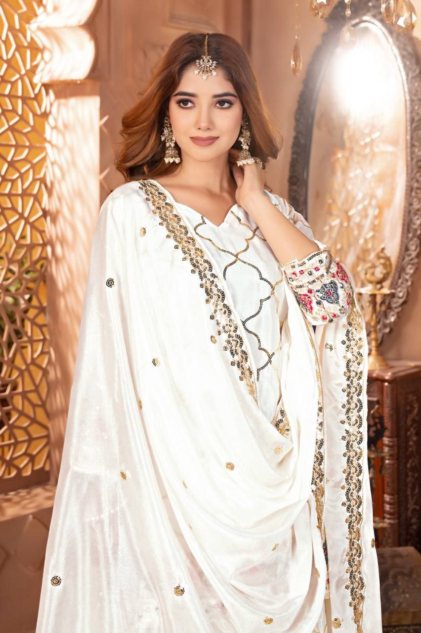 Chinon Silk Embroidered Sharara Palazzo Set with Dupatta